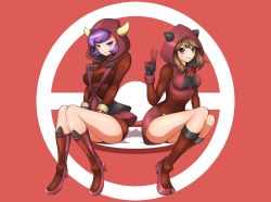Rule 34 | 2girls, alternate costume, blush, boots, breasts, brown hair, closed mouth, cosplay, courtney (pokemon), courtney (pokemon oras), creatures (company), dress, expressionless, fake horns, female focus, full body, game freak, gloves, grey eyes, half-closed eyes, hand up, happy, highres, hood, horned headwear, horns, knee boots, kneehighs, knees together feet apart, legs together, long sleeves, looking at viewer, matching hair/eyes, may (pokemon), medium breasts, multiple girls, nintendo, poke ball symbol, pokemon, pokemon oras, purple eyes, purple hair, red background, red dress, red footwear, red legwear, red shorts, red sweater, red theme, ribbed sweater, shoes, short dress, short hair, short shorts, shorts, simplyseed, sitting, smile, socks, sweater, swept bangs, team magma, team magma grunt, team magma grunt (cosplay), turtleneck, v, wavy mouth