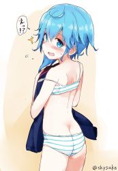 Rule 34 | 10s, 1girl, ^^^, ass, blue eyes, blue hair, blush, bra, butt crack, cowboy shot, crying, crying with eyes open, from behind, kantai collection, matching hair/eyes, minazuki (kancolle), panties, short hair with long locks, solo, striped bra, striped clothes, striped panties, suka, tears, twitter username, underwear, underwear only, wavy mouth