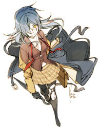 Rule 34 | 1girl, bag, blue hair, breasts, cleavage, from above, hair over one eye, kyo (kuroichigo), long hair, original, pantyhose, pointy ears, school bag, school uniform, simple background, sketch, smile, solo, torn clothes, torn pantyhose, umbrella, walking, white background, yellow eyes