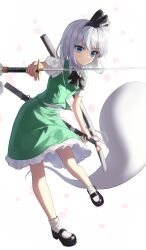 Rule 34 | 1girl, absurdres, black bow, black bowtie, black footwear, black hairband, black ribbon, blue eyes, bow, bowtie, dress, dual wielding, frilled dress, frills, ghost tail, green dress, grey hair, hairband, highres, holding, holding sword, holding weapon, kano (kano4), katana, konpaku youmu, konpaku youmu (ghost), looking at viewer, mary janes, puffy sleeves, ribbon, shirt, shoes, short hair, short sleeves, simple background, sleeveless, sleeveless dress, socks, standing, standing on one leg, sword, touhou, v-shaped eyebrows, weapon, white background, white shirt, white socks