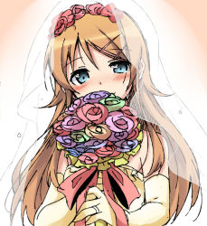 Rule 34 | 1girl, bare shoulders, blonde hair, blue eyes, blush, bouquet, bridal veil, bride, crying, crying with eyes open, dress, elbow gloves, flower, gloves, hair ornament, hairclip, happy, happy tears, holding, holding bouquet, jewelry, kousaka kirino, long hair, looking at viewer, ore no imouto ga konna ni kawaii wake ga nai, pink background, ring, sketch, smile, solo, sudachi (calendar), tears, veil, wedding dress, yellow wedding dress