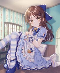 Rule 34 | 1girl, absurdres, alice (alice in wonderland), alice (alice in wonderland) (cosplay), apron, blue bow, blue dress, blue footwear, bow, breasts, brown eyes, brown hair, commentary request, commission, cosplay, dress, flat chest, hair bow, high heels, highres, idolmaster, idolmaster cinderella girls, indoors, long hair, looking at viewer, miyakoto, pixiv commission, sitting, small breasts, solo, striped clothes, striped thighhighs, tachibana arisu, thighhighs, white apron, wristband