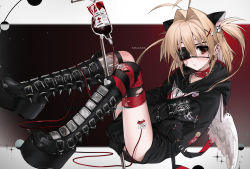 Rule 34 | 1girl, angel wings, animal ears, antenna hair, bandaid, bandaid on cheek, bandaid on face, bandaid on knee, bandaid on leg, bell, black background, black footwear, black hoodie, black legwear, black nails, blood, blood bag, blood on face, boots, brown eyes, cat ears, chain necklace, character name, collar, commentary, cross, ear piercing, eyepatch, fake animal ears, goth fashion, gradient background, hair between eyes, hair intakes, highres, hood, hoodie, jewelry, latin cross, light brown hair, lilith (unxi), mini wings, mole, nail art, nail polish, necklace, original, piercing, platform footwear, punkish gothic, red background, red collar, red legwear, safety pin, sailor collar, short hair, signature, simple background, sleeves past fingers, sleeves past wrists, sparkle, spiked collar, spikes, striped clothes, striped legwear, striped thighhighs, symbol-only commentary, thighhighs, torn clothes, torn legwear, two side up, unxi, white sailor collar, wings
