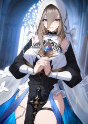 Rule 34 | 1girl, absurdres, benghuai xueyuan, black dress, black sleeves, blue eyes, blue nails, breasts, brown hair, character request, chinese commentary, closed mouth, commentary request, detached sleeves, dress, eyes visible through hair, frills, hair between eyes, highres, honkai (series), honkai impact 3rd, huge breasts, indoors, interlocked fingers, long bangs, looking at viewer, mole, mole under eye, nail polish, nun, own hands together, pelvic curtain, see-through, smile, solo, standing, thigh strap, thighs, veil, wu ganlan cai