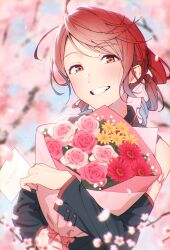 Rule 34 | 1girl, absurdres, anniversary, bare shoulders, black shirt, black sleeves, bouquet, card, cherry blossoms, commentary, detached sleeves, drill hair, falling petals, flower, grin, highres, holding, holding bouquet, holding card, kasane teto, light blush, lips, looking at viewer, petals, pink flower, red eyes, red flower, red hair, shirt, short hair, shoulder tattoo, sleeveless, sleeveless shirt, smile, solo, tattoo, tearing up, twin drills, upper body, utau, yasutange, yellow flower