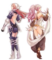 Rule 34 | 2girls, arm up, armlet, armor, ass, back, bare shoulders, boots, bracelet, braid, cherche (fire emblem), feesh, fire emblem, fire emblem awakening, gauntlets, hairband, jewelry, long hair, looking back, multiple girls, nintendo, olivia (fire emblem), open mouth, pink eyes, pink hair, ponytail, red eyes, red hair, sandals, see-through, simple background, smile, thighhighs, twin braids, white background, white legwear