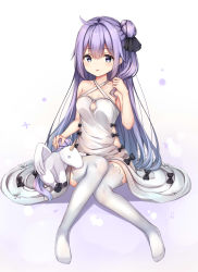 Rule 34 | 1girl, ahoge, azur lane, black bow, black ribbon, blush, bow, breasts, cleavage, commentary request, dress, hair between eyes, hair bun, hair ribbon, highres, holding, holding own hair, long hair, looking at viewer, medium breasts, no shoes, one side up, parted lips, purple eyes, purple hair, ribbon, side bun, single hair bun, single side bun, sitting, solo, stuffed animal, stuffed pegasus, stuffed toy, stuffed unicorn, stuffed winged unicorn, thighhighs, unicorn (azur lane), very long hair, white dress, white thighhighs, ym (distance819)
