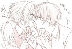 Rule 34 | 1boy, 1girl, alternate costume, arm around shoulder, blush, embarrassed, eye contact, face-to-face, greyscale, imminent kiss, kiss, looking at another, monochrome, necktie, nervous, nezumi (no.6), no.6, safu, school uniform, shiro (shounen to hero), short hair, simple background, sketch, speech bubble, sweatdrop, text focus, translated, upper body, white background