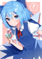 Rule 34 | 1girl, bad id, bad pixiv id, blue dress, blue eyes, blue hair, blush, cirno, collared shirt, dress, food, highres, holding food, holding ice cream, ice, ice cream, ice cream cone, ice wings, long dress, looking at viewer, neck ribbon, pinafore dress, puffy short sleeves, puffy sleeves, red ribbon, ribbon, shirt, short hair, short sleeves, sleeveless, sleeveless dress, solo, suikario, touhou, white shirt, wings