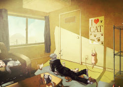 Rule 34 | 1boy, atlus, bac, bad id, bad pixiv id, cat, couch, glowing, glowing eyes, heart, indoors, male focus, musical note, narukami yuu, persona, persona 4, quaver, room, shade, solo, sunlight, too many, too many cats, window