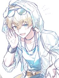 Rule 34 | 1boy, :d, animal ears, arknights, blonde hair, blue eyes, blue shirt, blush, collarbone, commentary request, dog ears, eyewear on head, hair between eyes, hand on own hip, hand up, hood, hood up, hooded jacket, jacket, looking at viewer, male focus, mt (harugamt), one-piece swimsuit, open clothes, open jacket, open mouth, see-through, shirt, simple background, smile, solo, sunglasses, swimsuit, tequila (arknights), thick eyebrows, white background, white jacket