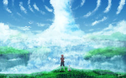 Rule 34 | 1boy, absurdres, animal, artist name, bird, cliff, cloud, cloudy sky, crossed arms, day, fantasy, flying, flying animal, grass, h yuusui, highres, light, looking to the side, original, outdoors, red hair, scenery, shirt, shorts, signature, sky, spiked hair, sunlight, t-shirt