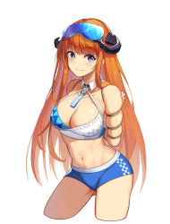 Rule 34 | 1girl, absurdres, arknights, arms behind back, bagpipe (arknights), bare arms, bare shoulders, bdsm, blue archive, blue shorts, blush, bondage, bound, breasts, cleavage, clothes writing, commentary request, commission, copyright name, cosplay, crop top, cropped legs, female focus, goggles, goggles on head, highres, horns, large breasts, long hair, looking at viewer, midriff, millennium cheerleader outfit (blue archive), navel, orange hair, purple eyes, rope, second-party source, shinebell, short shorts, shorts, simple background, sleeveless, smile, solo, standing, stomach, thighs, very long hair, white background