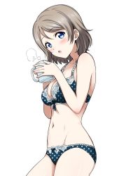 Rule 34 | 10s, 1girl, blue bra, blue eyes, blue panties, blush, bra, breasts, brown hair, collarbone, commentary, cowboy shot, cup, groin, head tilt, holding, holding cup, looking at viewer, love live!, love live! sunshine!!, medium breasts, navel, open mouth, panties, polka dot, polka dot bra, polka dot panties, sankuro (agoitei), short hair, simple background, solo, steam, underwear, underwear only, watanabe you, white background