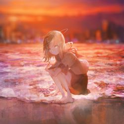 Rule 34 | 1girl, ahoge, bad id, bad pixiv id, barefoot, beach, blonde hair, commentary request, enu 0426, halo, highres, looking at viewer, medium hair, ocean, original, picking up, scenery, shirt, skirt, solo, squatting, sunset, yellow eyes