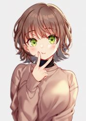 Rule 34 | 1girl, :t, bad id, bad twitter id, blush, brown hair, finger to mouth, fingernails, green eyes, long fingernails, looking away, moyui (myi 005), original, short hair, solo, sweater, turtleneck, upper body, white background