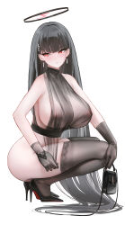 Rule 34 | 1girl, absurdres, ass, bag, black gloves, black hair, black thighhighs, blue archive, breasts, covered erect nipples, earrings, full body, gloves, hair ornament, hairclip, halo, handbag, high heels, highres, jewelry, large breasts, long hair, malon (chuan2700), nipples, parted lips, pumps, red eyes, red soles, revealing clothes, rio (blue archive), see-through, shoes, simple background, solo, squatting, stiletto heels, thighhighs, very long hair, white background