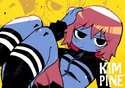 Rule 34 | 1girl, black eyes, character name, closed mouth, commentary, english commentary, freckles, hand in own hair, highres, jacket, kim pine, looking at viewer, projected inset, rariatto (ganguri), red hair, scott pilgrim (series), short hair, skirt, solo, yellow background