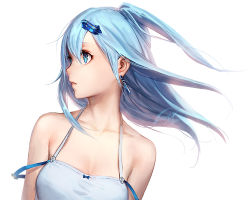 Rule 34 | 1girl, bare shoulders, blue eyes, blue hair, earrings, hair between eyes, hair ornament, hairclip, jewelry, long hair, looking away, luen kulo, parted lips, profile, side ponytail, signature, simple background, solo, upper body, white background
