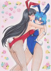Rule 34 | 1990s (style), 2girls, absurdres, animal ears, arm grab, arms around neck, ass, back, bad id, bare shoulders, bent over, bishoujo senshi sailor moon, black hair, blue eyes, blue hair, blush, bow, bowtie, breast press, breasts, rabbit ears, rabbit tail, couple, covered navel, detached collar, earrings, closed eyes, fake animal ears, female focus, fishnet pantyhose, fishnets, floral background, flower, kissing forehead, friends, highres, hino rei, hug, jewelry, kiss, large breasts, leaning, leaning forward, legs, long hair, mizuno ami, multiple girls, pantyhose, playboy bunny, rascal (n119), sailor mars, sailor mercury, short hair, sideboob, skin tight, smile, standing, star (symbol), star earrings, symmetrical docking, tail, wince, wrist cuffs, yuri