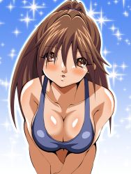 Rule 34 | 00s, 1girl, bare shoulders, blush, breasts, brown eyes, brown hair, cleavage, eyes visible through hair, gradient background, hanging breasts, highres, ichigo 100 percent, inabakun00, kitaooji satsuki, large breasts, leaning forward, long hair, looking at viewer, matching hair/eyes, one-piece swimsuit, parted lips, ponytail, solo, sparkle, sparkle background, swimsuit