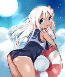 Rule 34 | 10s, 1girl, ass, bent over, blonde hair, blue eyes, crop top, flower, hair flower, hair ornament, kantai collection, lifebuoy, long hair, one-piece swimsuit, one-piece tan, open mouth, paragasu (parags112), ro-500 (kancolle), sailor collar, school swimsuit, smile, swim ring, swimsuit, swimsuit under clothes, tan, tanline, wedgie