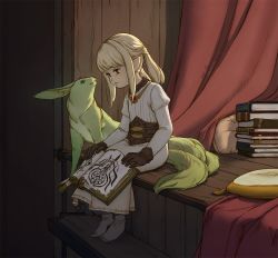 Rule 34 | 10s, 1girl, ange vie, blonde hair, book, carbuncle (final fantasy), final fantasy, final fantasy xiv, gloves, indoors, jewelry, lalafell, open book, pointy ears, red theme, ring, short hair, sitting, solo