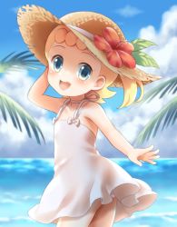 Rule 34 | 1girl, :d, asymmetrical hair, bare arms, bare shoulders, beach, blonde hair, blue eyes, blue sky, blush, bonnie (pokemon), bow, child, cloud, cowboy shot, creatures (company), day, dress, female focus, flat chest, game freak, hat, highres, horizon, looking at viewer, looking back, nature, nintendo, no nose, open mouth, outdoors, panties, pantyshot, pokemon, pokemon (anime), pokemon xy (anime), porocha, short hair, sky, sleeveless, sleeveless dress, smile, solo, standing, straw hat, sun hat, sundress, teeth, thighs, underwear, water, white dress, white panties, wind, wind lift