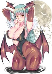 Rule 34 | 1girl, animal print, armpits, arms behind head, bare shoulders, bat (animal), bat print, bat wings, breasts, bridal gauntlets, cleavage, clothing cutout, collarbone, covered erect nipples, covered navel, demon girl, fur trim, gloves, green hair, head wings, heart cutout, highres, large breasts, leotard, long hair, low wings, moon, morrigan aensland, pantyhose, panzer (p.z), partially submerged, print pantyhose, purple wings, smile, smug, solo, thick thighs, thighs, unfinished, vampire (game), wading, wings, yellow eyes