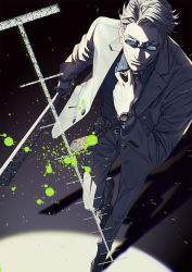 Rule 34 | 1boy, adjusting clothes, adjusting necktie, belt, blonde hair, blue shirt, brown footwear, closed mouth, collared shirt, dress shirt, formal, from above, full body, grey jacket, grey pants, grey suit, hand up, highres, holding, holding sword, holding weapon, jacket, jujutsu kaisen, long sleeves, looking away, male focus, nanami kento, necktie, pants, round eyewear, shirt, shoes, short hair, solo, standing, suit, sunglasses, sword, w55674570w, watch, weapon, wristwatch, yellow necktie