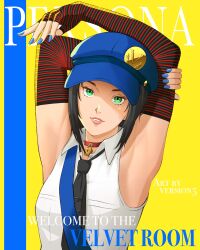 Rule 34 | 1girl, absurdres, arm behind head, armpits, arms up, black gloves, black hair, black necktie, blue hat, blue nails, choker, commentary, elbow gloves, english commentary, fingerless gloves, gloves, green eyes, hat, highres, lock, looking at viewer, loose necktie, marie (persona 4), nail polish, necktie, padlock, padlocked choker, parted lips, persona, persona 4, persona 4 the golden, pink lips, red choker, shirt, short hair, sleeveless, sleeveless shirt, solo, striped clothes, striped gloves, upper body, version5art, white shirt