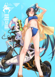 Rule 34 | 1girl, absurdres, bare shoulders, bikini, black hair, blue background, blue bikini, blue eyes, breasts, fate/grand order, fate (series), hair bun, highres, jacket, legs, long hair, long sleeves, looking at viewer, medium breasts, motor vehicle, motorcycle, navel, off shoulder, ohland, open clothes, open jacket, open mouth, parted bangs, side ponytail, single hair bun, smile, solo, swimsuit, ushiwakamaru (fate), ushiwakamaru (fate/grand order), ushiwakamaru (swimsuit assassin) (fate), ushiwakamaru (swimsuit assassin) (first ascension) (fate), very long hair, visor cap, water gun, yellow jacket