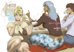 Rule 34 | 2girls, absurdres, age difference, ass, blonde hair, blue eyes, blush, cat, chef, dark-skinned female, dark skin, drink, food, grey hair, hair up, highres, karen adams, long hair, multiple girls, nappii (nappy happy), ponytail, restaurant, silvia bloodstone, sitting, size difference, thong, whale tail (clothing)