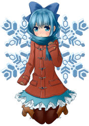 Rule 34 | &gt;:(, 1girl, 4 ii il, 4iiil, black ribbon, blue bow, blue eyes, blue hair, blue scarf, blue skirt, blush, boots, bow, brown footwear, brown gloves, cirno, coat, duffel coat, eyebrows, frown, full body, gloves, hair bow, highres, knee boots, kneeling, leggings, long sleeves, looking at viewer, matching hair/eyes, pantyhose, pocket, red coat, ribbon, scarf, shoelaces, simple background, skirt, sleeves past wrists, snowflake background, snowflakes, solo, sweat, sweatdrop, tareme, thigh gap, touhou, v-shaped eyebrows, white background