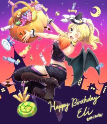 Rule 34 | 10s, 1girl, 2014, ayase eli, bat wings, blonde hair, blue eyes, boots, candy, character name, checkerboard cookie, chiigo, cookie, crescent, crescent moon, cursive, dated, food, halloween, happy birthday, hat, high heel boots, high heels, highres, jack-o&#039;-lantern, lollipop, love live!, love live! school idol festival, love live! school idol project, moon, one eye closed, ponytail, skirt, smile, solo, swirl lollipop, thighhighs, wings, witch hat