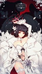 Rule 34 | 1girl, absurdres, bad id, bad pixiv id, black hair, breasts, bridal gauntlets, center opening, character name, choker, cleavage, dress, flower, hair flower, hair ornament, highres, hwansang, jewelry, knife, lying, multicolored hair, nail polish, navel, necklace, original, red eyes, red hair, short hair, small breasts, snow white, snowflakes, solo, thighhighs