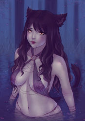 Rule 34 | 10s, 1girl, animal ears, warrior of light (ff14), bare shoulders, belly chain, breasts, breasts apart, brown eyes, brown hair, cat ears, cat tail, earrings, final fantasy, final fantasy xiv, forest, jewelry, lips, long hair, medium breasts, miqo&#039;te, nature, navel, nipple piercing, nipples, outdoors, partially submerged, piercing, see-through, slit pupils, solo, soranamae, standing, tail