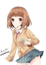 Rule 34 | 1girl, bad id, bad pixiv id, blue skirt, blush, brown cardigan, brown eyes, brown hair, cardigan, closed mouth, collared shirt, copyright request, dated, diagonal-striped clothes, diagonal-striped necktie, diagonal-striped neckwear, long sleeves, nanase nao, necktie, pleated skirt, red neckwear, school uniform, shirt, simple background, skirt, smile, solo, striped clothes, striped neckwear, twitter username, white background, white shirt