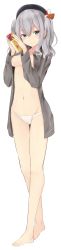 Rule 34 | 10s, 1girl, absurdres, bare legs, barefoot, beret, blue eyes, blush, breasts, breasts apart, closed mouth, collared shirt, covered erect nipples, eyebrows, full body, gluteal fold, grey shirt, groin, hair between eyes, hair ornament, hands up, hat, highres, holding, kantai collection, kashima (kancolle), legs, long image, long sleeves, looking at viewer, medium breasts, nail polish, navel, no bra, no pants, open clothes, open shirt, panties, shirt, silver hair, simple background, smile, solo, standing, stomach, tall image, thigh gap, toenail polish, toenails, twintails, underwear, wavy hair, white background, white panties, yellow nails, yuki (yukin0128)