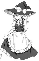 Rule 34 | 1girl, ama-tou, apron, bow, braid, buttons, collar, dress, frilled dress, frills, greyscale, hair ribbon, halftone, hand on headwear, hat, hat bow, holding clothes, holding dress, kirisame marisa, looking down, monochrome, profile, puffy short sleeves, puffy sleeves, ribbon, short sleeves, simple background, solo, touhou, waist apron, wavy hair, white background, witch hat