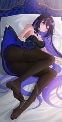 Rule 34 | 1girl, absurdres, aircell, bed, blue eyes, blush, clothes lift, feet, highres, honkai (series), honkai impact 3rd, long hair, looking at viewer, lying, on side, pantyhose, purple hair, seele vollerei, skirt, skirt lift, smile, soles, toes