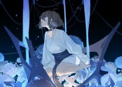 Rule 34 | 1girl, ahoge, bare legs, barefoot, black background, black hair, blue eyes, blue flower, blue theme, bob cut, breasts, code009, collar, flower, glowing, highres, japanese clothes, kimono, liquid, long sleeves, looking away, looking to the side, looking up, orb, original, parted lips, petals, profile, sash, short hair, short kimono, sitting, solo, string, wariza, white kimono