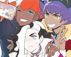 Rule 34 | 3boys, baseball cap, black hair, black hoodie, bright pupils, cape, champion uniform, closed mouth, commentary request, creatures (company), dark-skinned male, dark skin, earrings, facial hair, frown, fur-trimmed cape, fur trim, game freak, gen 4 pokemon, grin, gym leader, hair over one eye, hand on another&#039;s shoulder, hand up, hat, highres, hood, hoodie, jacket, jewelry, leon (pokemon), long hair, male focus, multicolored hair, multiple boys, nintendo, one eye closed, piers (pokemon), pokemon, pokemon (creature), pokemon swsh, purple hair, raihan (pokemon), red cape, rotom, rotom phone, shirt, short hair, smile, sweatdrop, taking picture, teeth, tudurimike, two-tone hair, undercut, w, white hair, white jacket, white pupils, yellow eyes