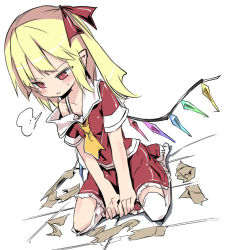Rule 34 | 1girl, blonde hair, blush, commentary request, dress, exhausted, flandre scarlet, hair ribbon, no headwear, no headwear, noya makoto, off shoulder, pointy ears, red dress, red eyes, ribbon, side ponytail, sigh, sitting, solo, sweatdrop, tape, thighhighs, thighs, touhou, untied, v arms, wariza, white thighhighs, wings, zettai ryouiki
