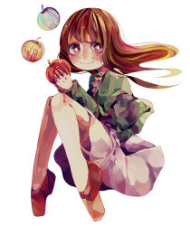 Rule 34 | 1girl, apple, brown eyes, brown hair, cardigan, closed mouth, commentary, dress, food, fruit, green cardigan, holding, holding food, jewelry, kanzaki nao, liar game, necklace, pink dress, red footwear, seriko (seo77000), simple background, smile, solo, white background
