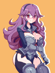 Rule 34 | 1girl, armor knight (disgaea), blush, breasts, cleavage, disgaea, hairband, highres, large breasts, long hair, looking at viewer, nisemono faker, pointy ears, purple hair, red eyes, smile, solo, tagme, thighhighs