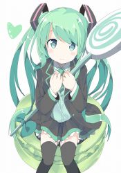 Rule 34 | 1girl, aqua eyes, aqua hair, black thighhighs, candy, commentary request, food, hatsune miku, headset, highres, holding, holding food, jacket, lollipop, long hair, looking at viewer, looking up, necktie, oversized object, pleated skirt, school uniform, sitting, skirt, solo, tantan men (dragon), thighhighs, twintails, very long hair, vocaloid, white hair, zettai ryouiki