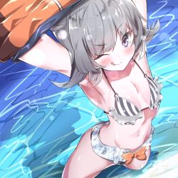 Rule 34 | 1girl, ;p, armpits, arms up, bikini, breasts, commentary, from above, grey hair, hair bun, koharu rikka, looking at viewer, navel, ocean, one eye closed, ozama3best, purple eyes, short hair, small breasts, solo, striped bikini, striped clothes, swimsuit, tongue, tongue out, undressing, voiceroid, wading