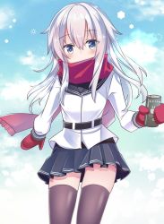 Rule 34 | 1girl, belt, black thighhighs, blue eyes, can, cowboy shot, fathom, hair between eyes, hibiki (kancolle), highres, holding, holding can, kantai collection, long hair, long sleeves, looking at viewer, mittens, pleated skirt, red mittens, red scarf, scarf, school uniform, serafuku, silver hair, skirt, solo, thighhighs, verniy (kancolle)