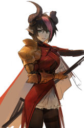 Rule 34 | 1girl, absurdres, dokshuri, dragon knight (dungeon and fighter), dress, dungeon and fighter, flag, gauntlets, green eyes, highres, horns, knight (dungeon and fighter), looking at viewer, multicolored hair, open mouth, pointy ears, red dress, scabbard, sheath, short hair, shoulder guard, sketch, skirt, teeth, thighhighs, two-tone hair, upper body, white background, white skirt